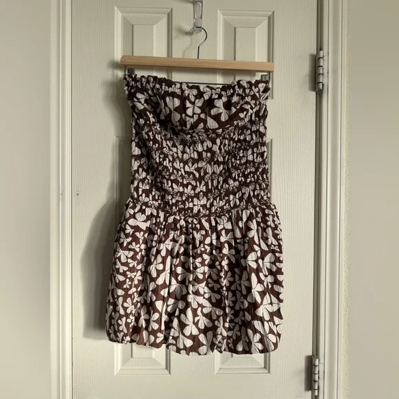 Free People Brown & White Floral Smocked Strapless Bubble Dress - Picture 5 of 14